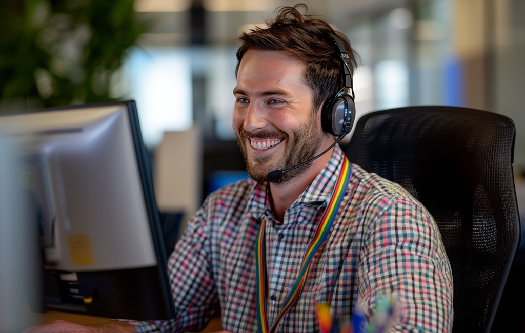 public servant smiling at computer in office