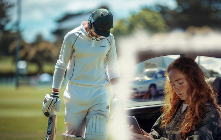 cricket batsman walking back after being bowled out and girlfriend receiving text about it