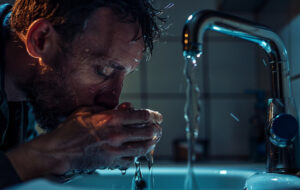 man slurping water from a tap