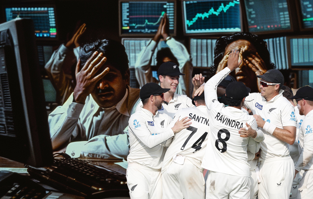 nz cricket team celebrate while indian stockbrokers despair