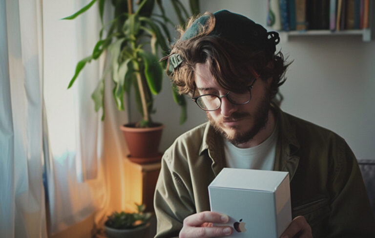 man looking adoringly at old iphone box