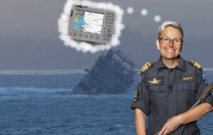 navy captain thinking about gps with sinking ship in the background