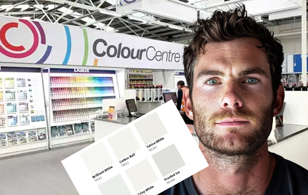 man at colour centre with white colour swatches