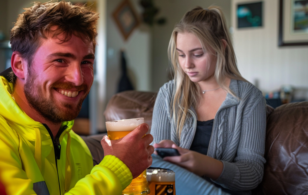 man with beer in hi vis at pub, with background of gf on couch