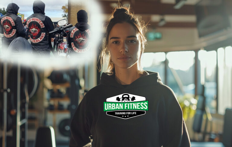 woman wearing crossfit hoodie with bubble of head hunters gang