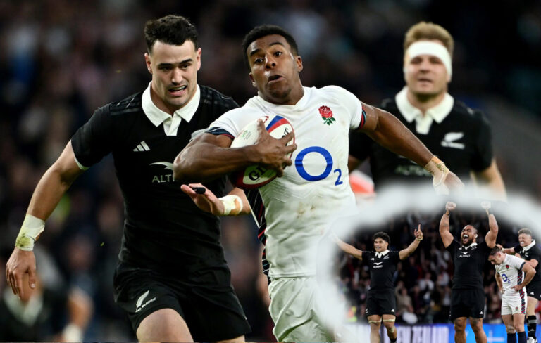 England scoring try against All Blacks and bubble of ABs celebrating win