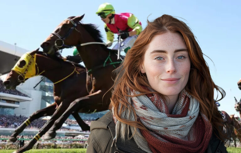 woman in front of horse race