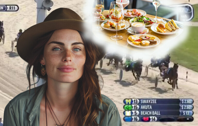 woman thinking about champagne brekky while watching horse racing