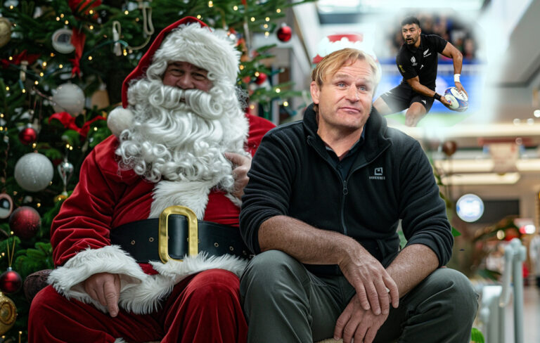 razor robertson sitting with Santa thinking about richie mo'unga