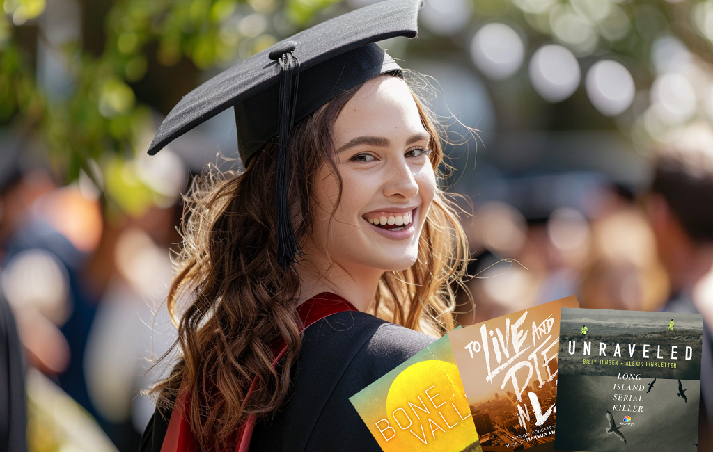 woman at graduation with true crime podcasts in front