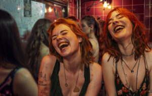 women laughing in line for toilet at bar