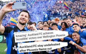 Auckland FC doing selfie with team and fans, plus positive headlines