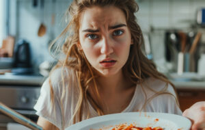 annoyed woman holding dirty plate