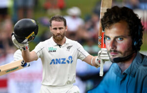 Kane Williamson lifting bat with wfh worker in foreground