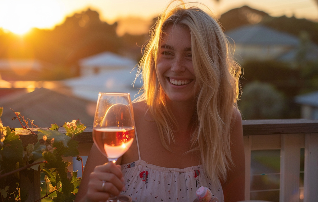 woman on deck at dusk with rose wine