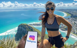 woman up mount maunganui with instagram phone.