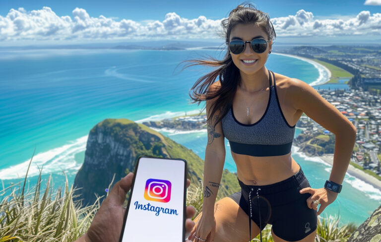 woman up mount maunganui with instagram phone.