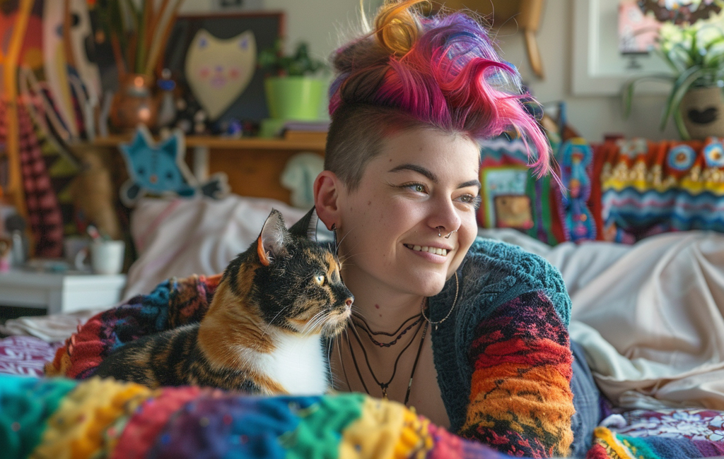 woman in bedroom with cat