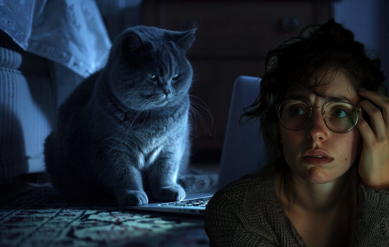 cat looking at computer screen at night with worried female owner in front