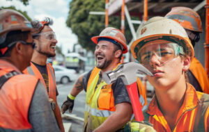 group of tradies laughing apart from one young man looking thoughtfully at his hammer.