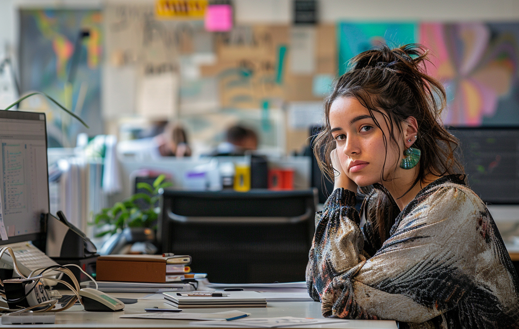 unimpressed woman sitting at desk at work.