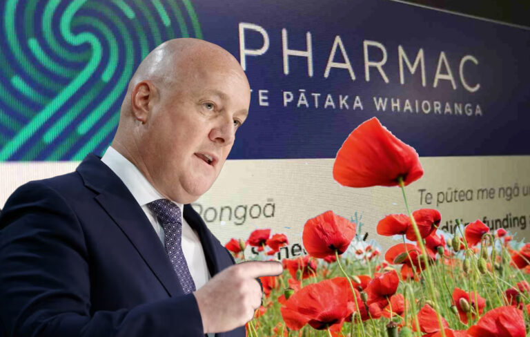 chris luxon with pharmac and red poppies