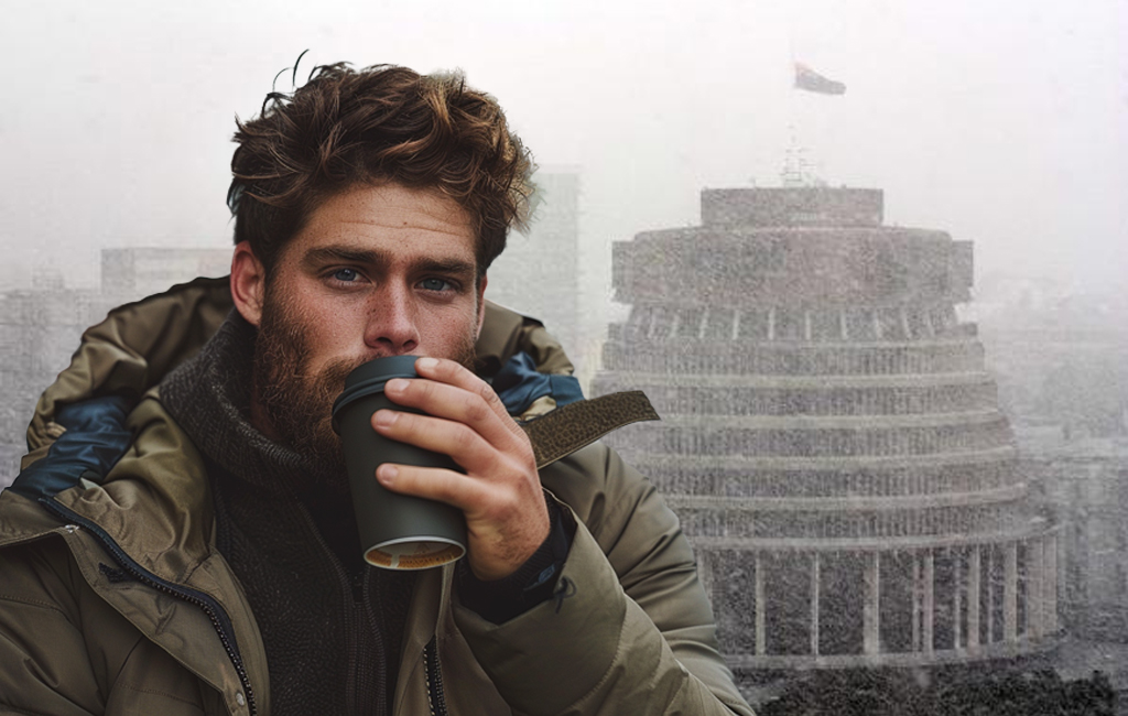 man drinking coffee in front of rainy beehive