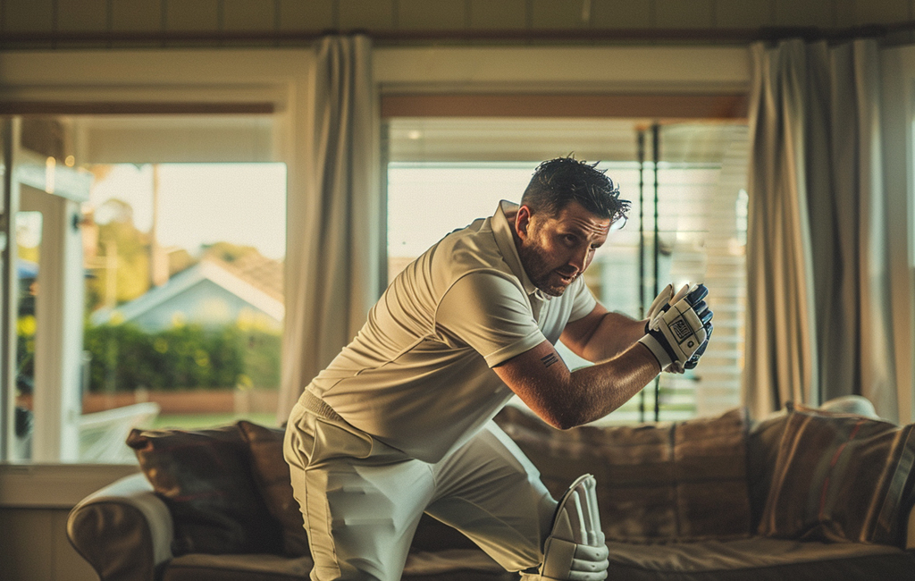 man in cricket gear shadow batting in home