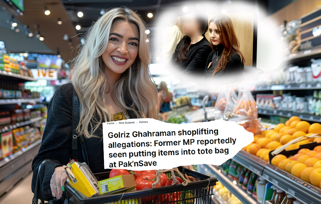 woman at supermarket with golriz in bubble and headline about putting things in tote bag.