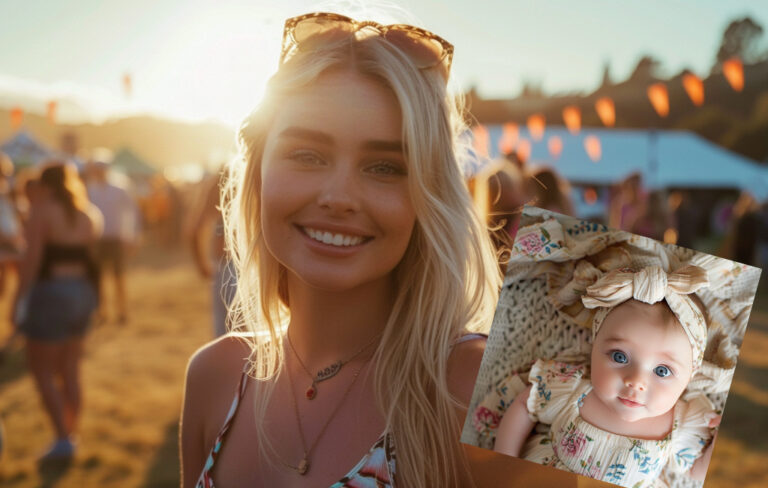 party girl at festival with image of baby girl in front