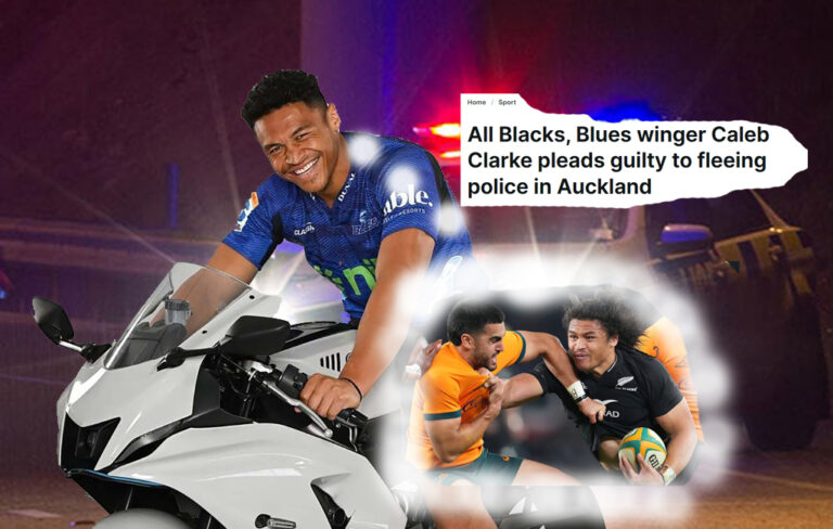 Caleb Clarke running away from cops on motorbike with image of him playing against aussie