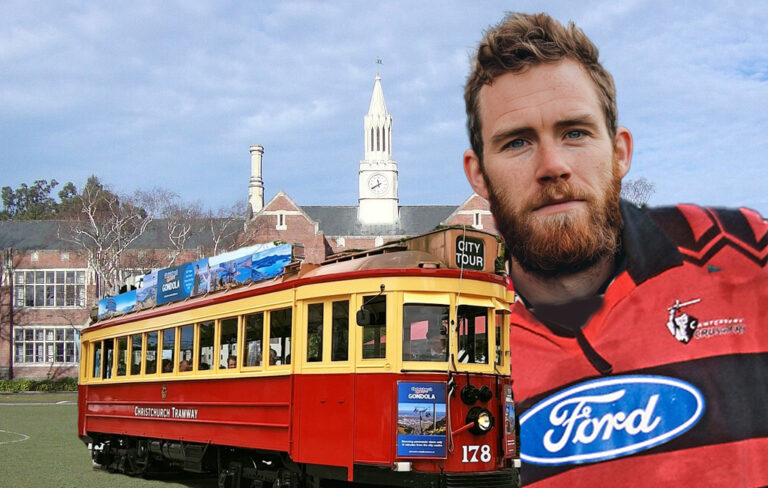 man in crusaders jersey with chch tram and boys high