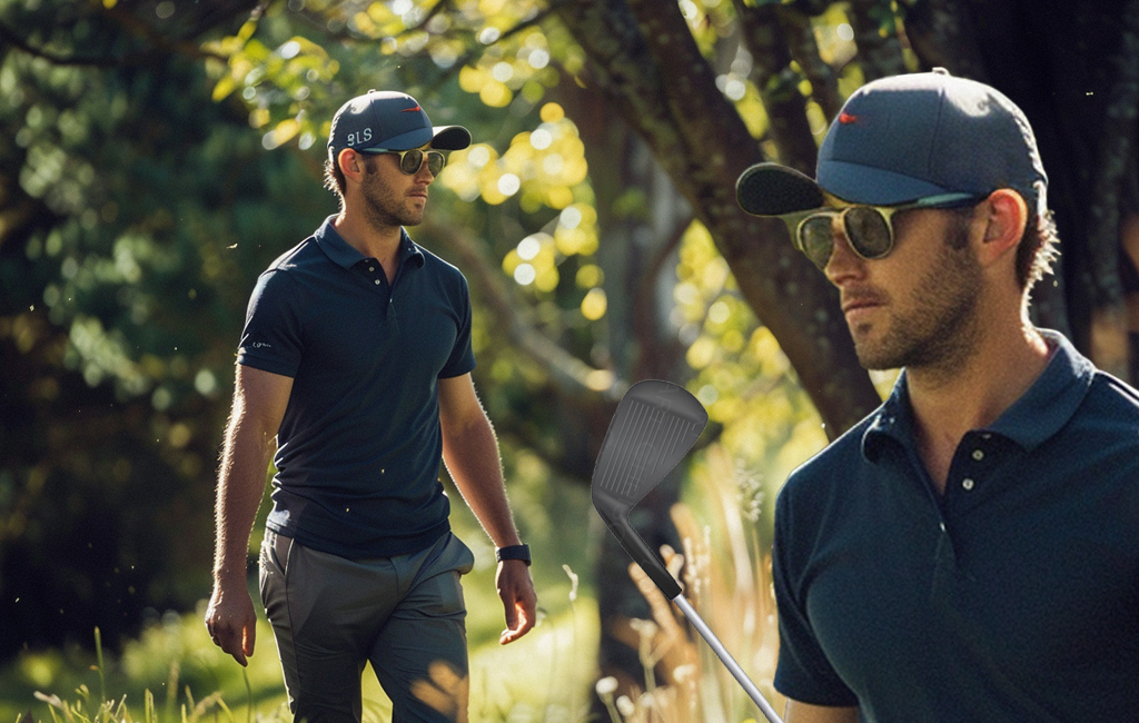 man looking amongst trees for lost golf ball