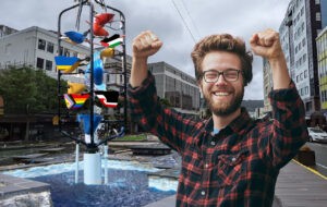 man celebrating new bucket fountain