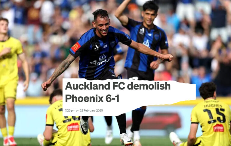 auckland fc celebrating as phoenix sit down