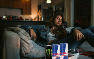 tired woman on couch with energy drink cans