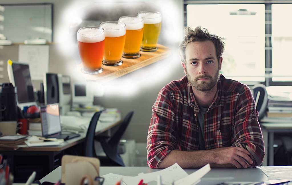 man sitting at his desk hungover thinking about beers