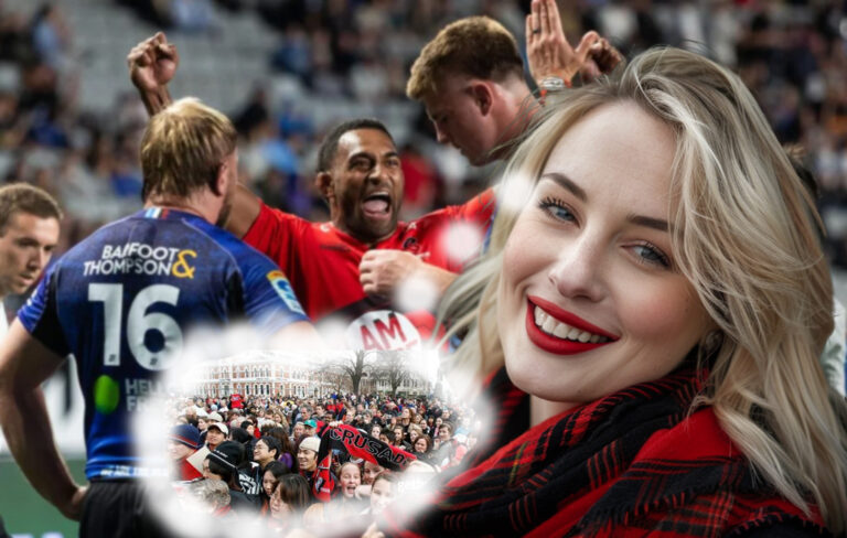 blonde crusaders fan with winning team behind her and thought bubble about winning parade