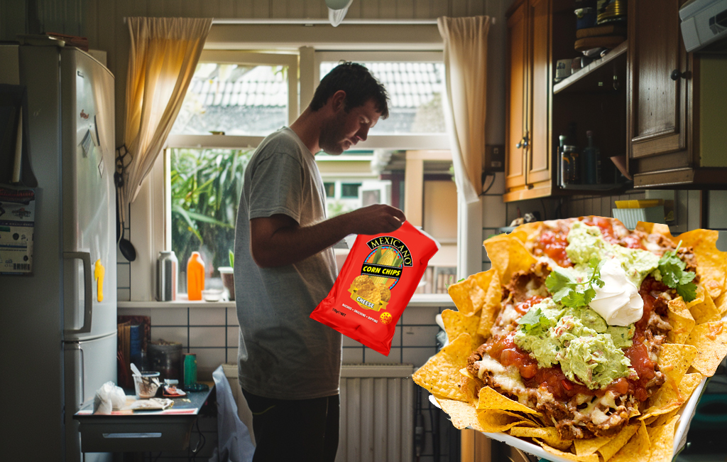 man in kitchen looking at his corn chip bag with nachos plated up in front.