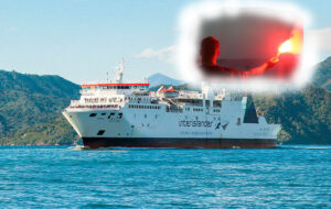 interislander ferry with flare being let off in bubble