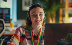 woman at computer with rainbow lanyard