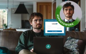 man on couch on Linkedin with his open to work linkedin banner profile