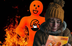 orange demon with lady reading letter.