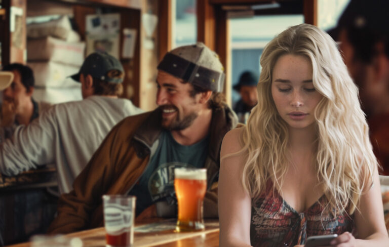 woman looking at phone disappointed, with boyfriend having fun in background