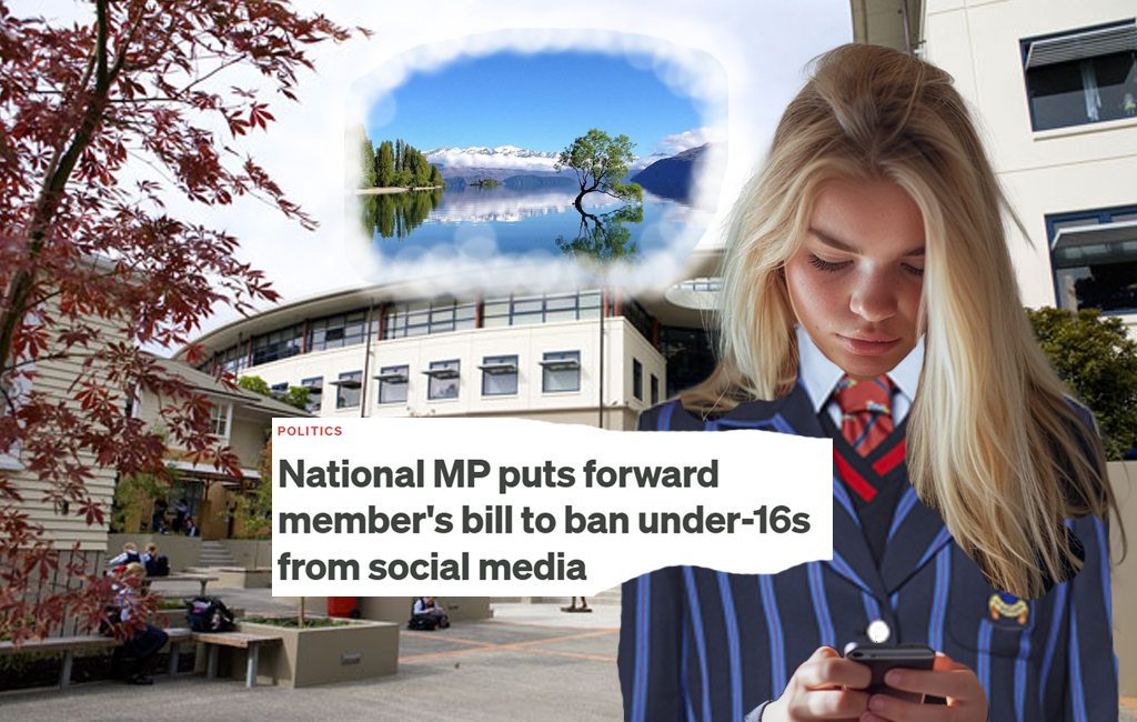 private school girl looking at phone at school thinking of wanaka