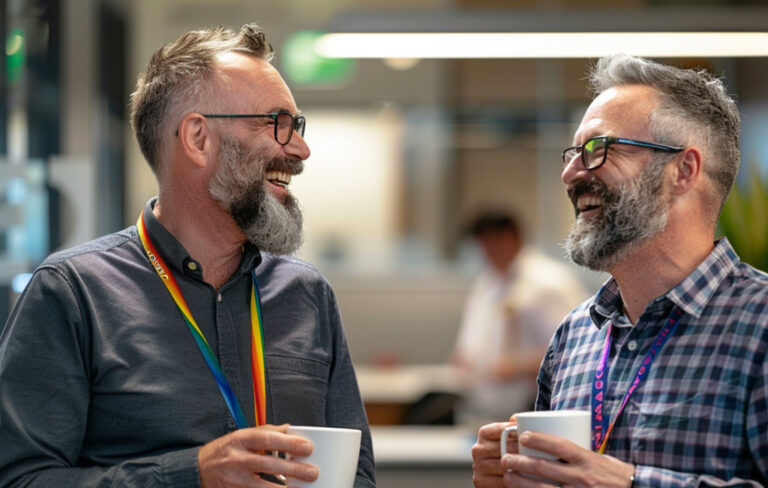 two male public servants yarning.