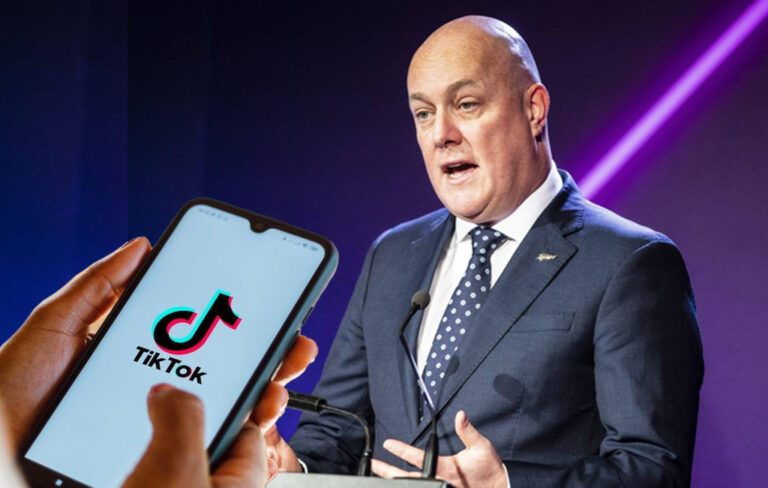 Christopher Luxon giving speech and person holding tiktok phone