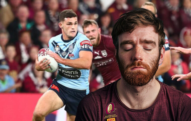 man sleeping with state of origin happening behind him.
