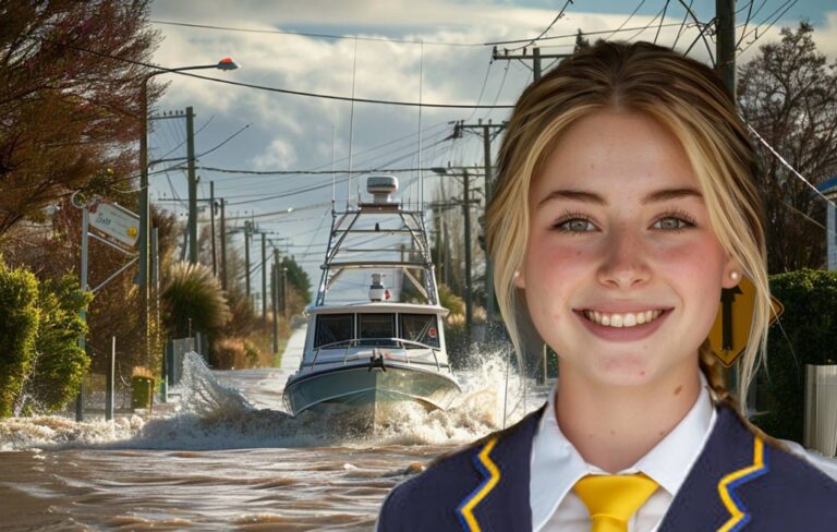 ruru school girl in front of boat in floodwaters