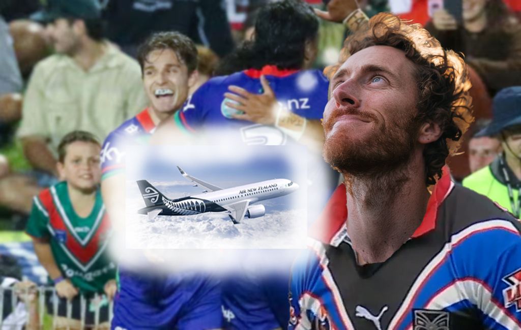 warriors fan thinking of air nz plane, with metcalfe in background.